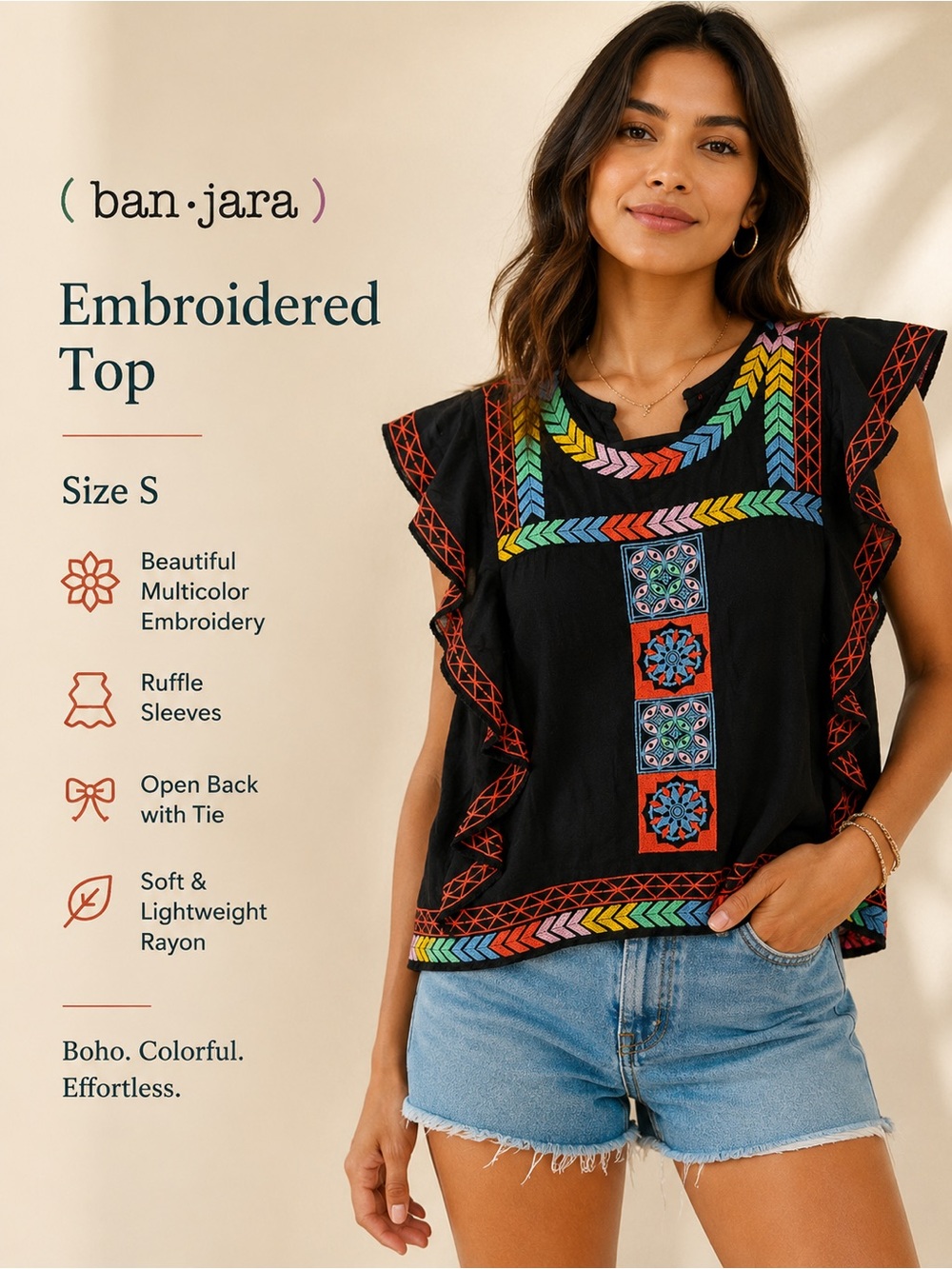Ban Jara Embroidered Ruffle Sleeve Open Back Boho Top Black Size S